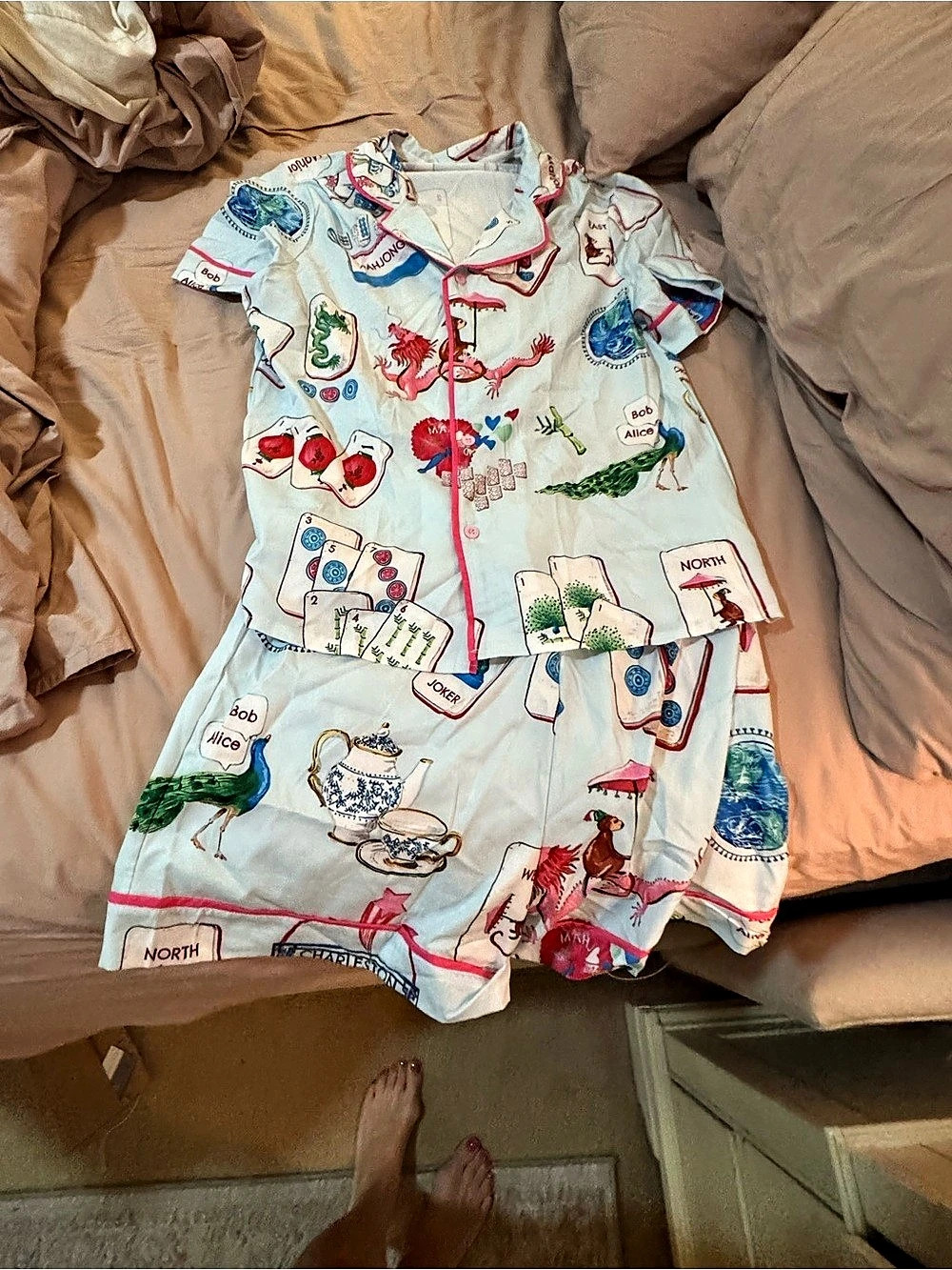 Joy Street Mahjong Women's Button Front Short Pajama Set Blue Large